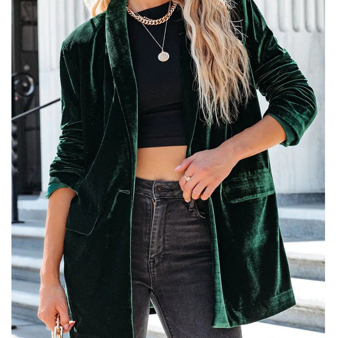 Women's Velvet Blazer Long Sleeve Button Front Jacket