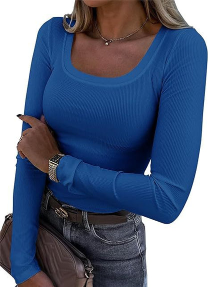Women's Ribbed Square Neck Long Sleeve Fitted Top