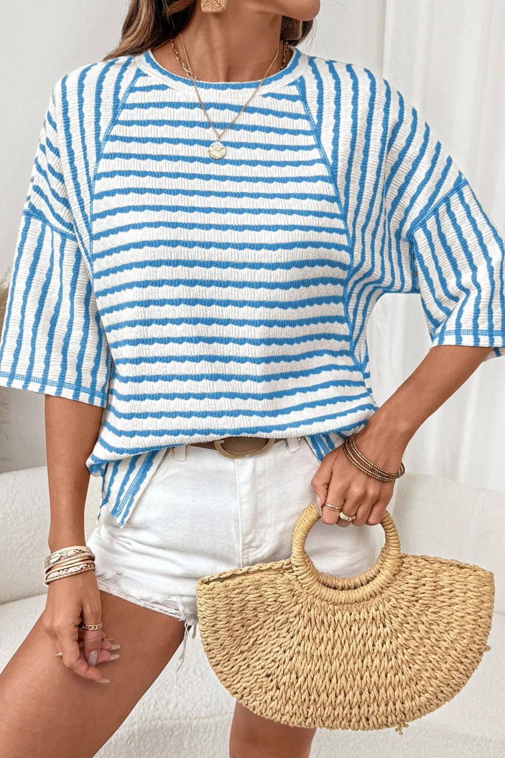 Striped Cotton Blend Tee Casual Half Sleeve Top