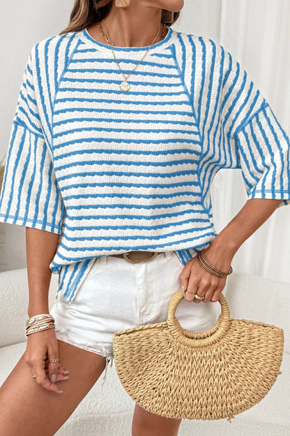 Striped Cotton Blend Tee Casual Half Sleeve Top