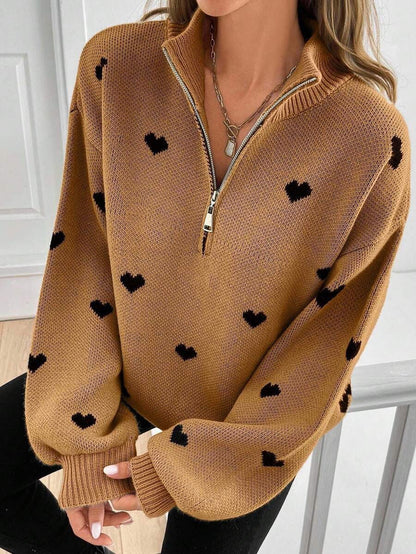 Women's Oversized Heart Print Quarter Zip Knit Sweater