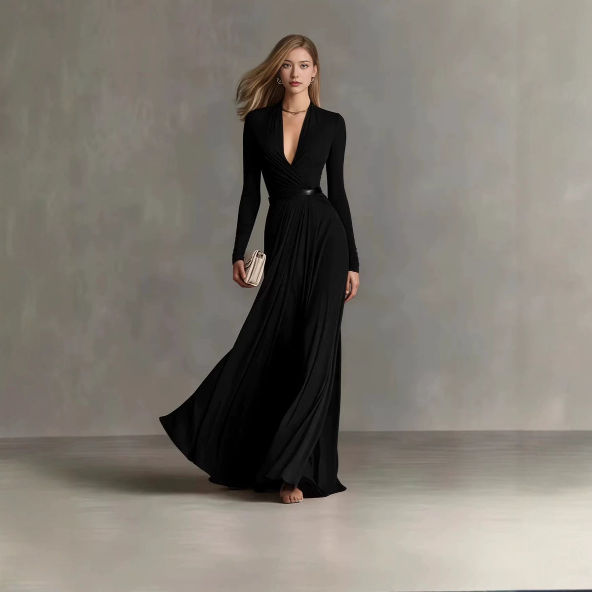 Elegant Deep V-Neck Long Sleeve Belted Maxi Dress
