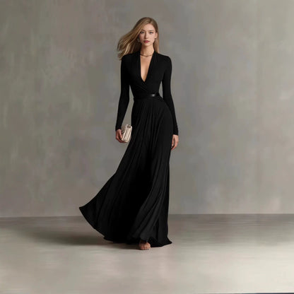 Elegant Deep V-Neck Long Sleeve Belted Maxi Dress