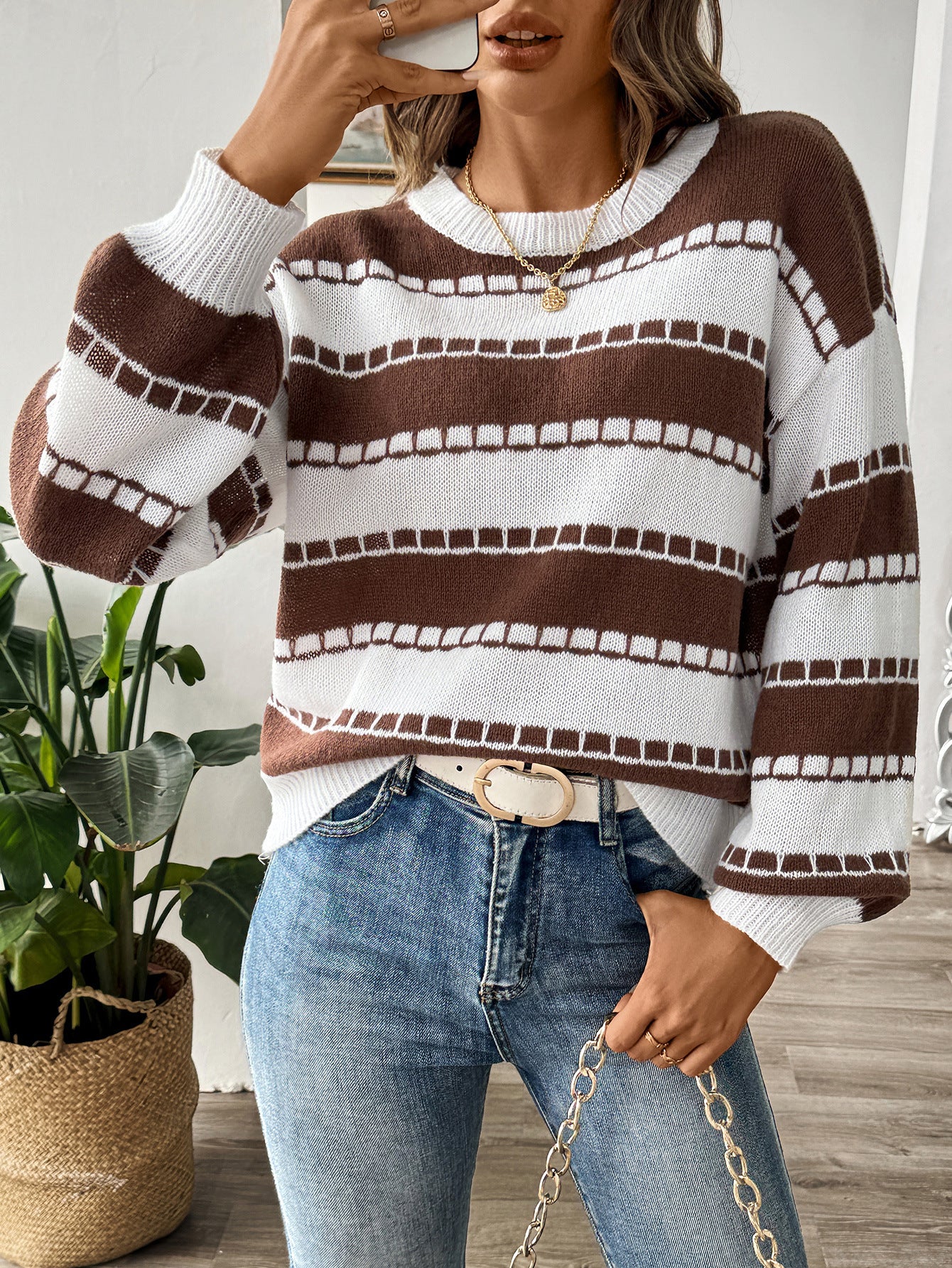 Women's Splicing Striped Color Matching Sweater