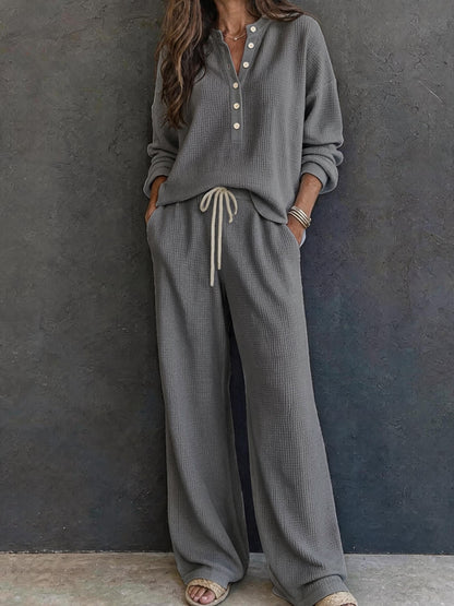 Waffle Knit Two Piece Lounge Set Wide Leg Pants