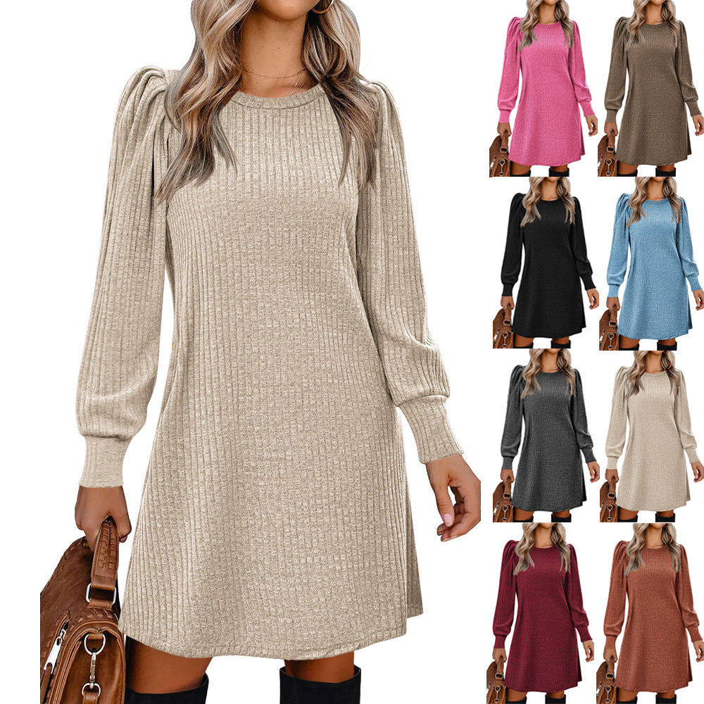 Ribbed Puff Sleeve A-Line Midi Sweater Dress