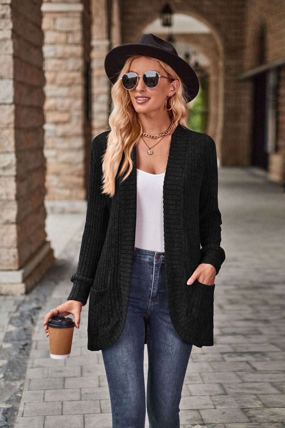 Women's Ribbed Open Front Cardigan with Pockets