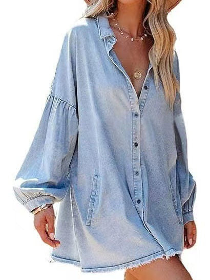 Women's Denim Shirt Dress Oversized Puff Sleeve Button Down