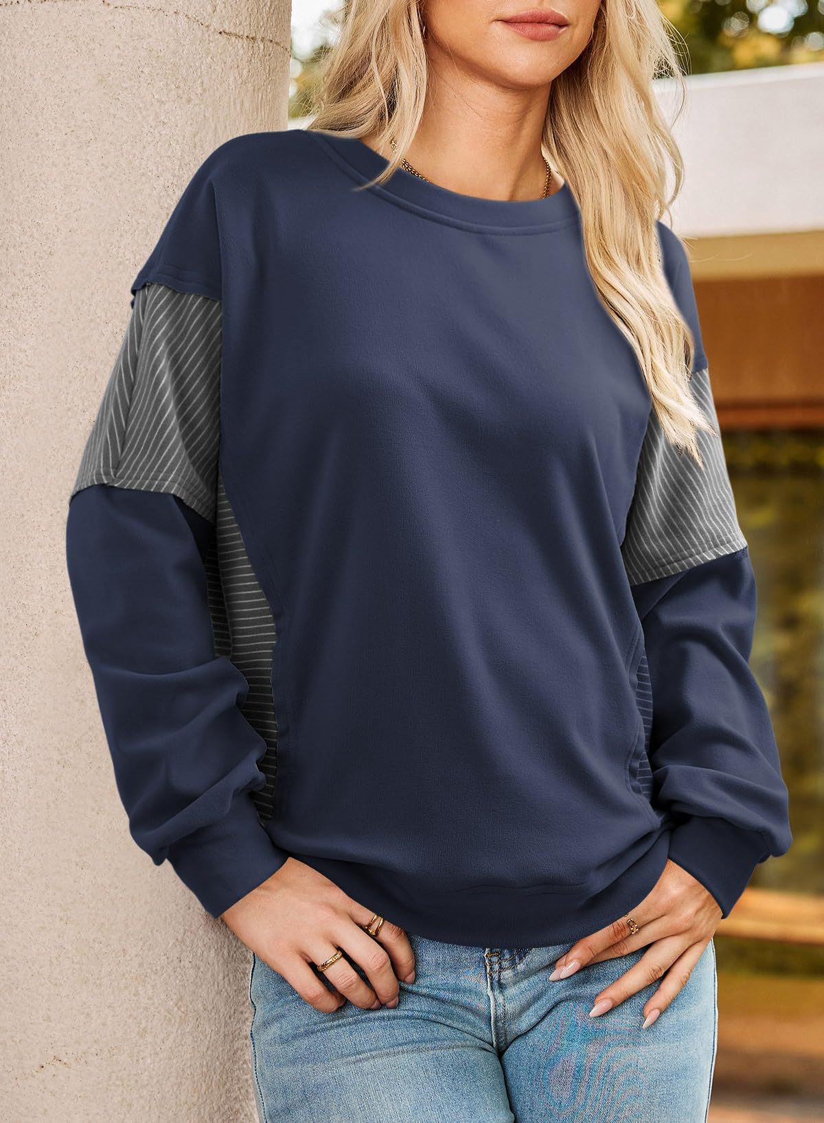 Colorblock Striped Sweatshirt Women Casual Pullover Top