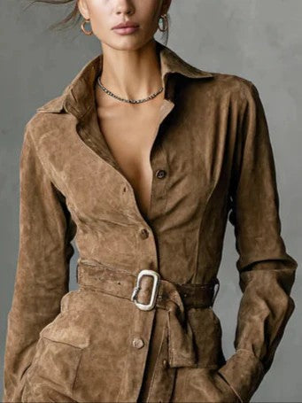 Faux Suede Western Belted Mini Shirt Dress