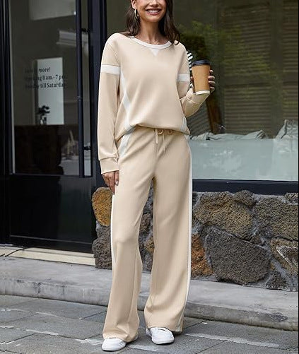 Color Block Sweatshirt Wide Leg Pants Two Piece Set