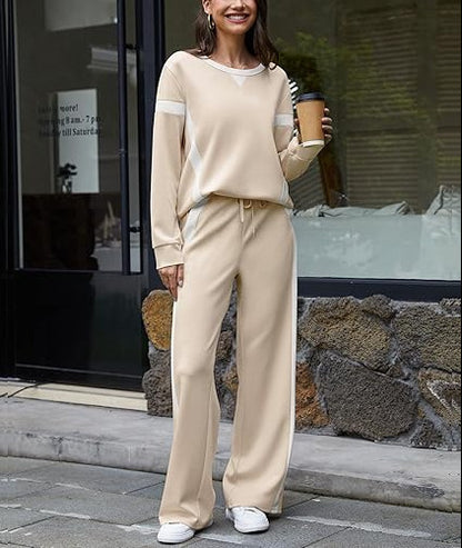 Color Block Sweatshirt Wide Leg Pants Two Piece Set