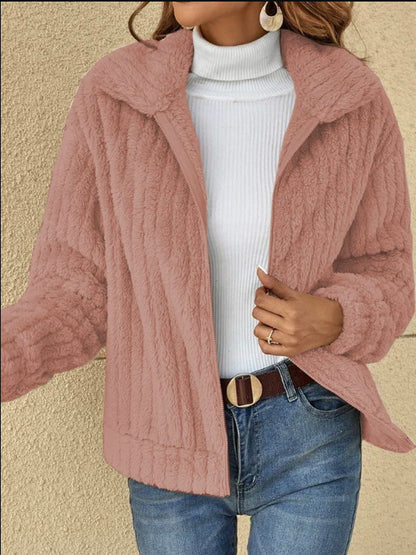 Women's Ribbed Sherpa Zip Up Jacket Collar Cropped