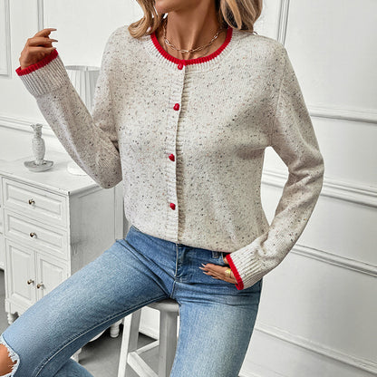 Heart Button Contrast Trim Knit Cardigan Sweater
