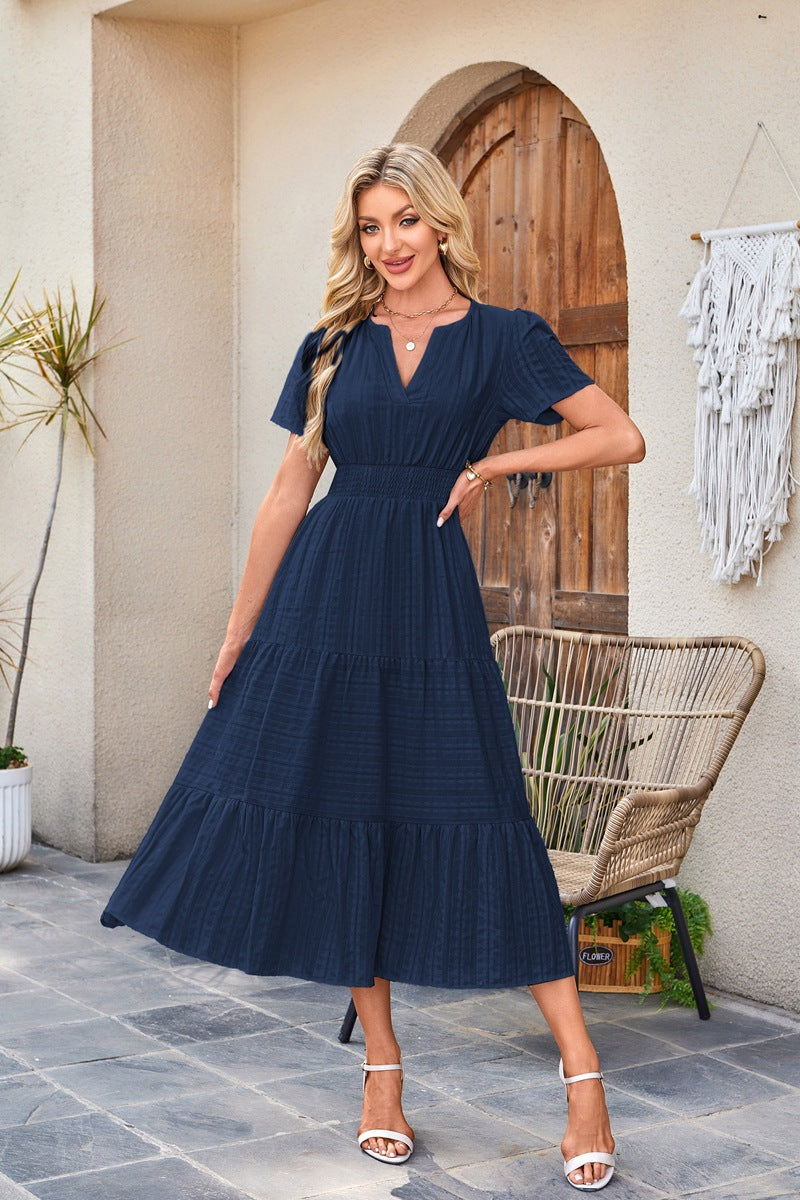 Solid Cotton Maxi Dress V Neck Puff Sleeve Smocked Dress