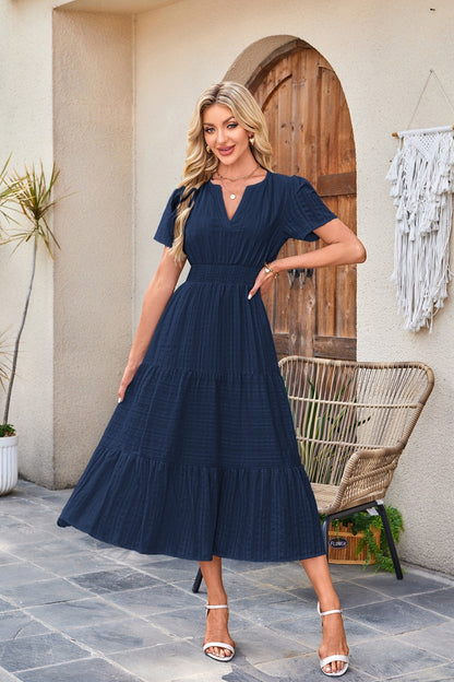 Solid Cotton Maxi Dress V Neck Puff Sleeve Smocked Dress