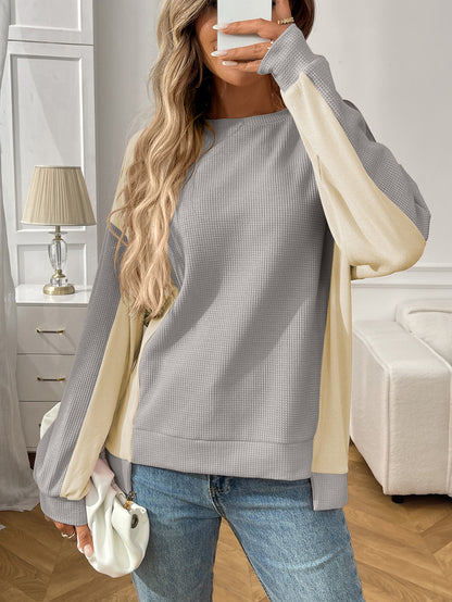 Color Block Waffle Knit Long Sleeve Pullover Top