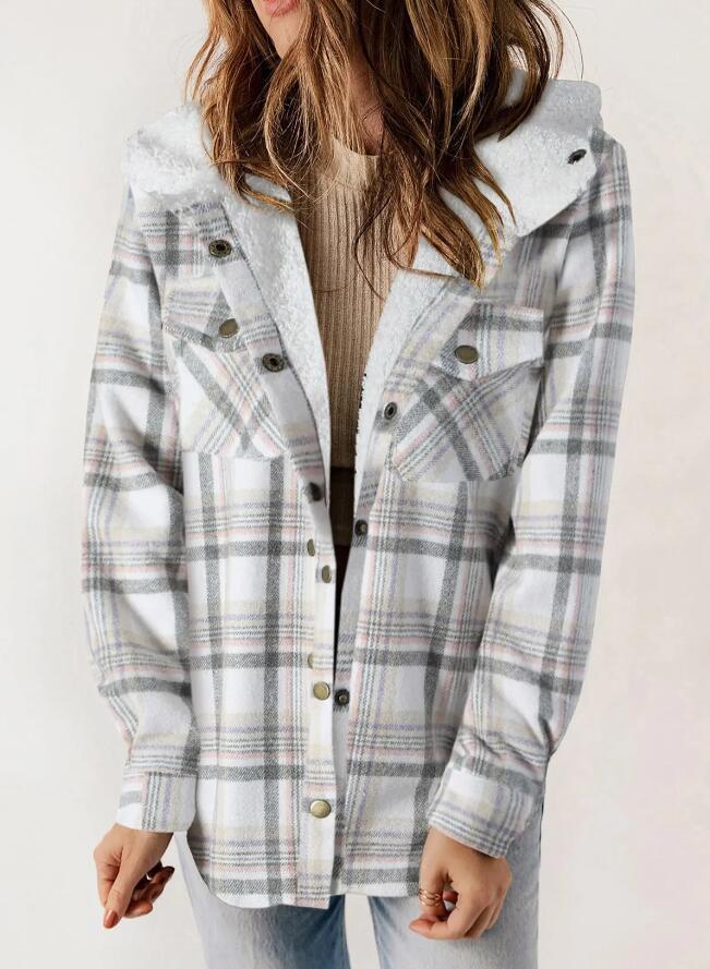 Women's Plaid Fleece Hooded Shacket with Pockets