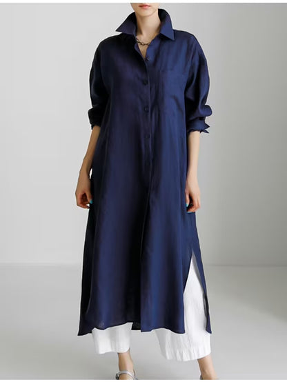 Women's Linen Shirt Dress Long Sleeve Button Down Maxi