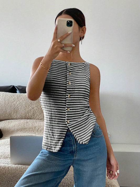 Women’s Striped Button Front Sleeveless Tank Top