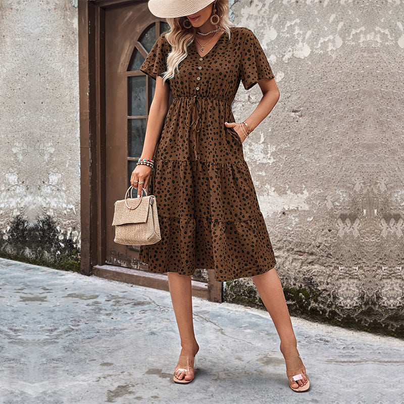 Leopard Print Tiered Midi Dress V Neck Summer Vacation Dress