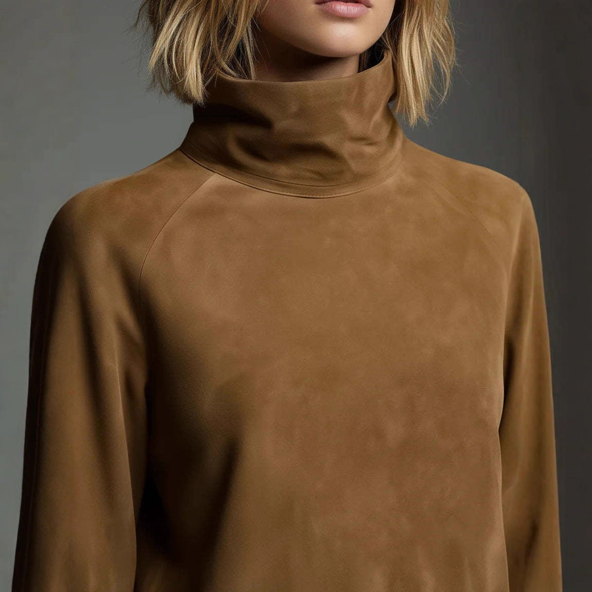 Women's Vintage Suede Mock Neck Long Sleeve A-Line Dress