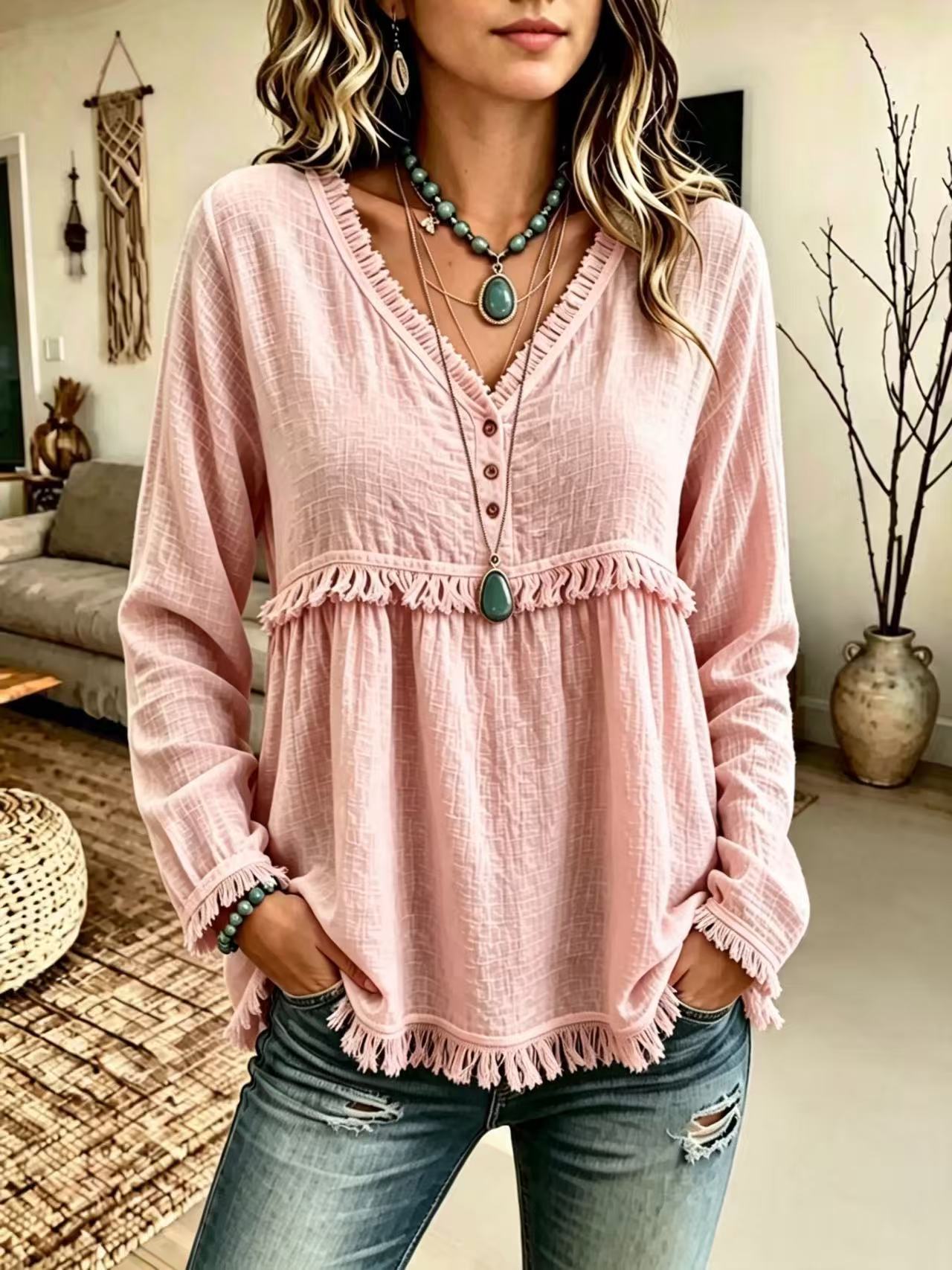 Women's V-Neck Fringe Long Sleeve Casual Blouse
