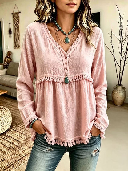 Women's V-Neck Fringe Long Sleeve Casual Blouse