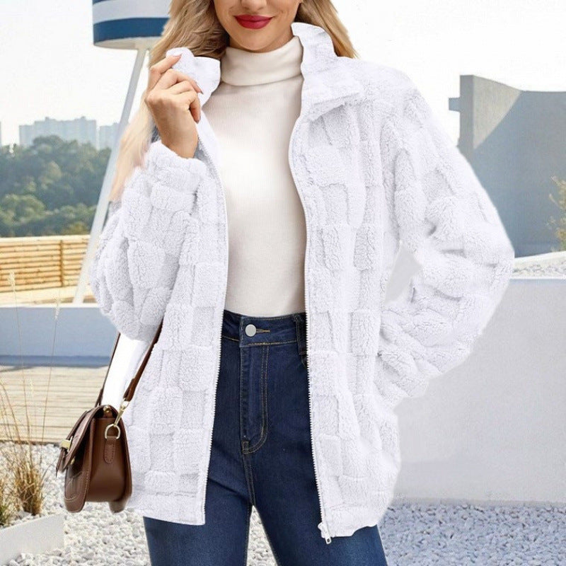 Textured Plush Zip Jacket Stand Collar Fleece Outerwear