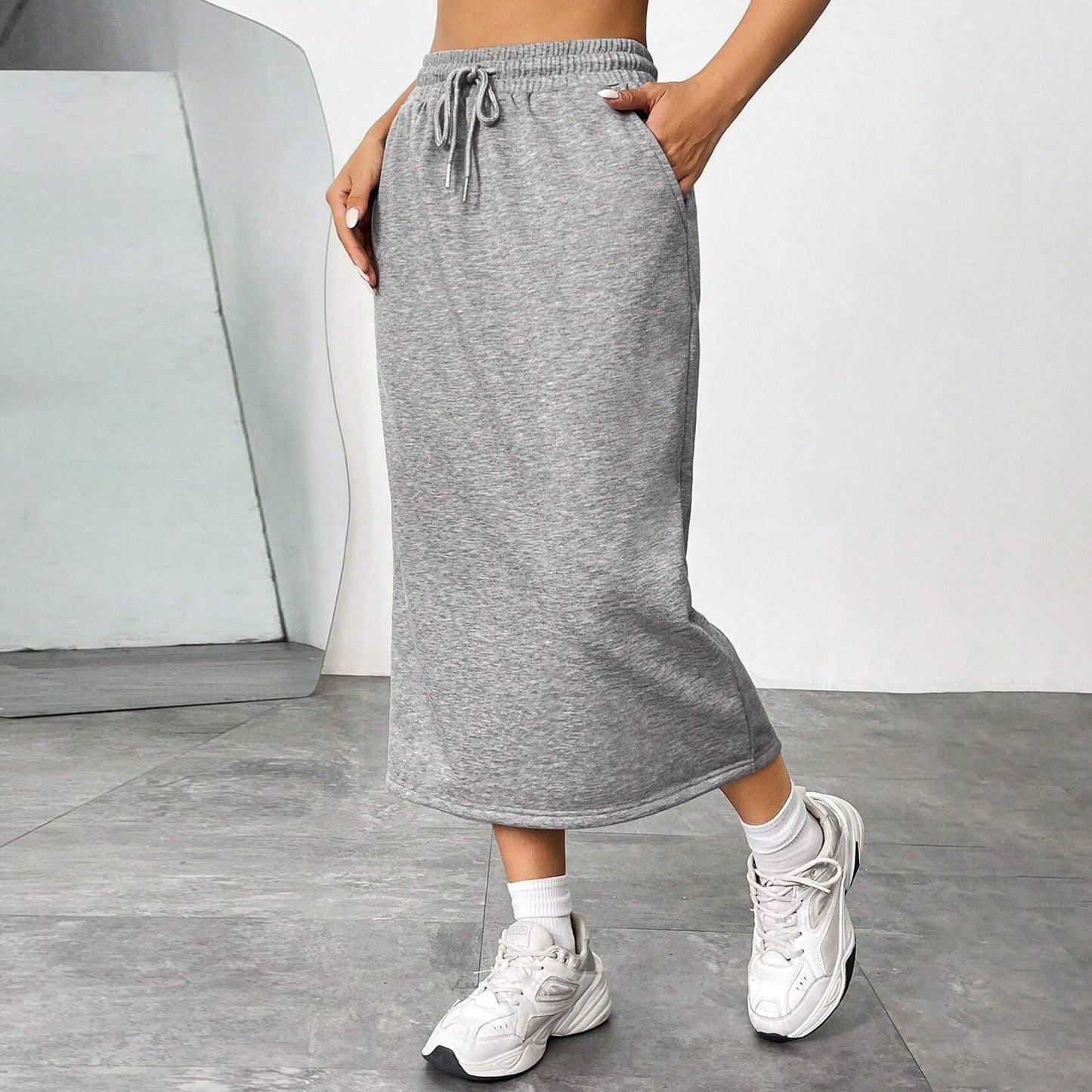 Solid Midi Skirt Drawstring Waist Pocket Slit Casual