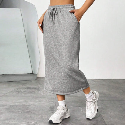 Solid Midi Skirt Drawstring Waist Pocket Slit Casual