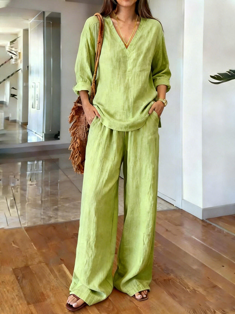 Women's V Neck Lounge Set Wide Leg Pants 2 Piece
