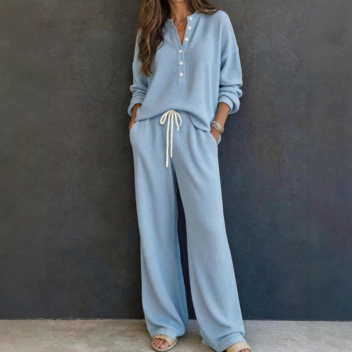 Waffle Knit Lounge Set Women Two Piece Wide Leg Pants