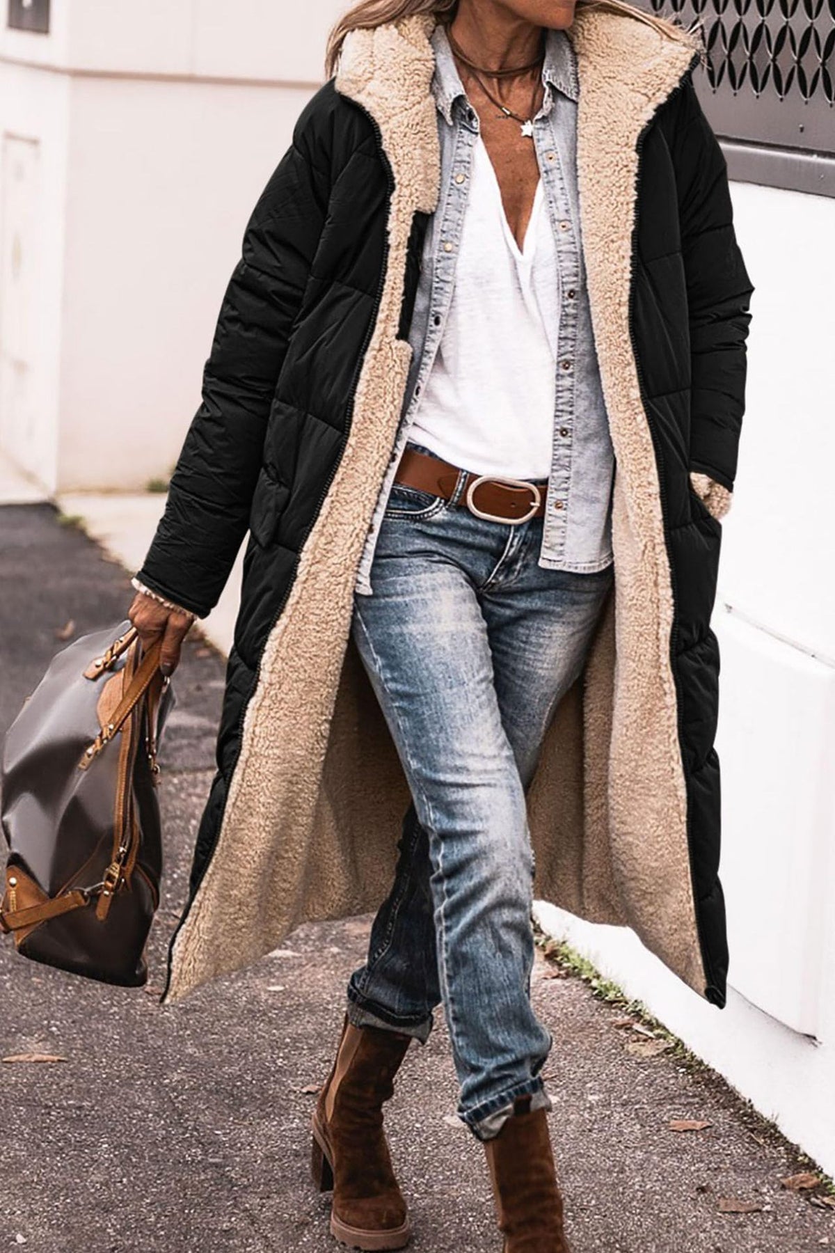 Women's Long Hooded Puffer Coat Sherpa Lined Winter