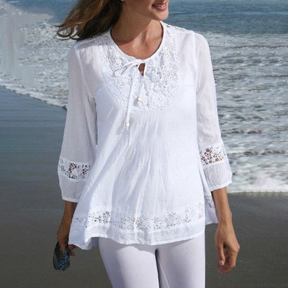 Women's Boho Lace Cotton Linen 3/4 Sleeve Tunic Blouse