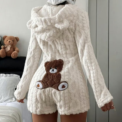 Women's Fuzzy Bear Hooded Romper Shorts Onesie