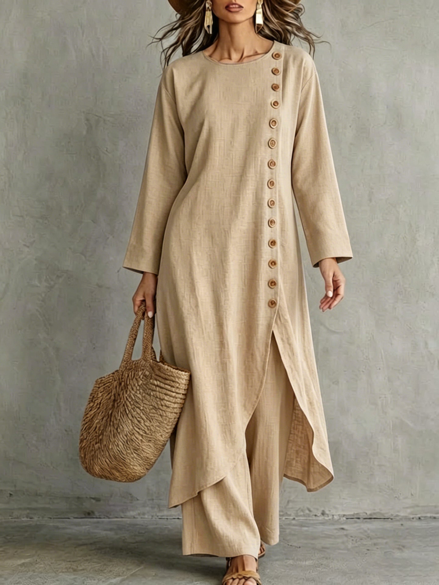 Linen Button Front Tunic Wide Leg Pants Two Piece Set
