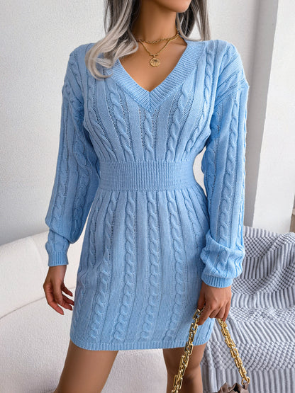 Trendy V-Neck Cable Knit Waist-Cinching Sweater Dress