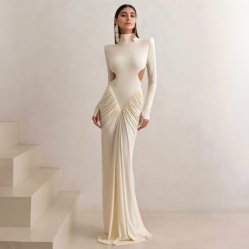 High Neck Cutout Long Sleeve Ruched Bodycon Maxi Dress