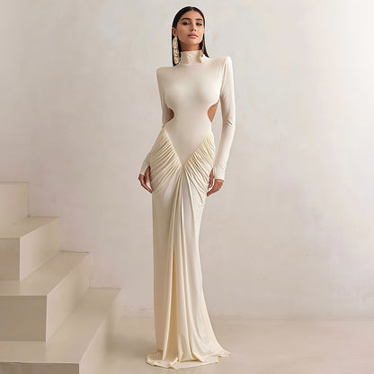 High Neck Cutout Long Sleeve Ruched Bodycon Maxi Dress