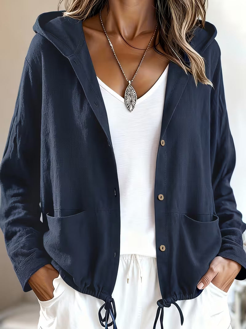 Women's Hooded Jacket Button Front Pockets Drawstring