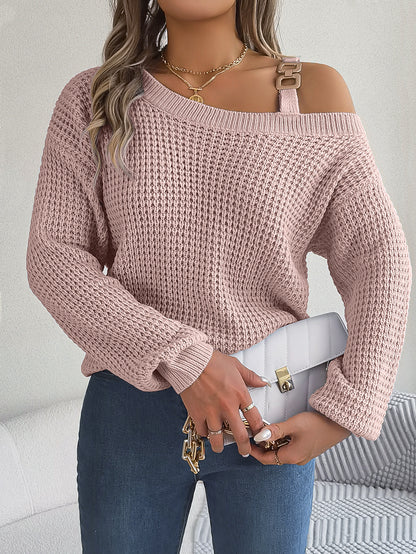 2025 Fall Winter Casual Off-Shoulder Lantern Sleeve Sweater with Metal Accents
