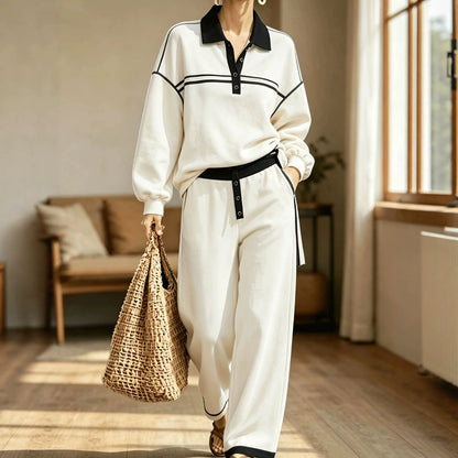 Women's Striped Polo Sweatshirt Wide Leg Pants Set