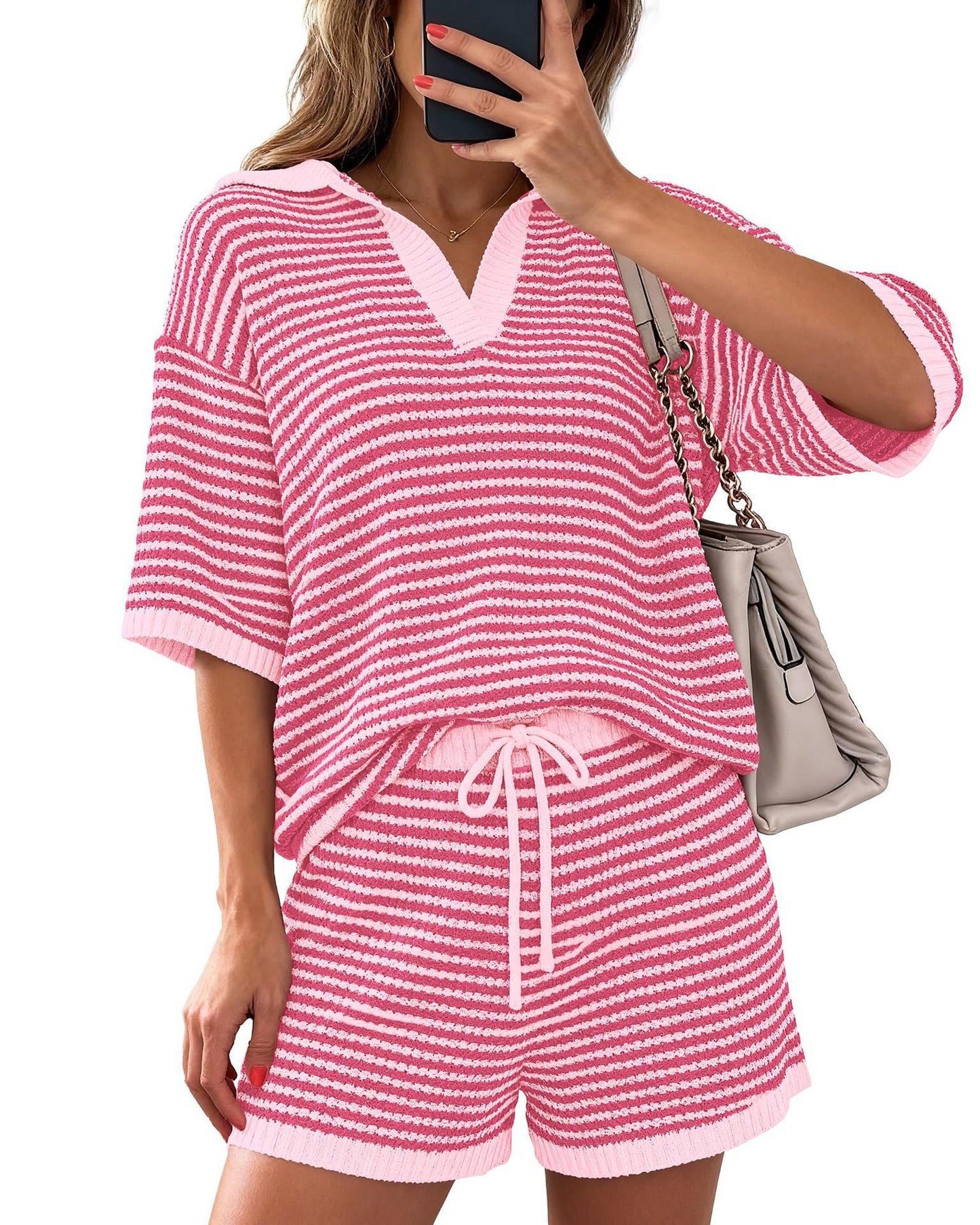 Pink Stripe Knit Lounge Set V Neck Top Shorts Set