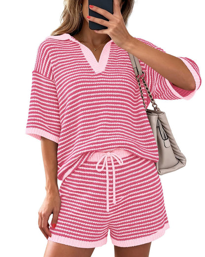 Pink Stripe Knit Lounge Set V Neck Top Shorts Set