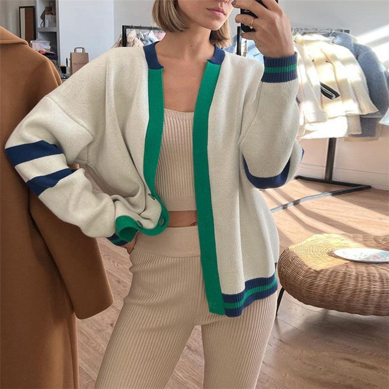Women's Oversized Color Block V-Neck Cardigan