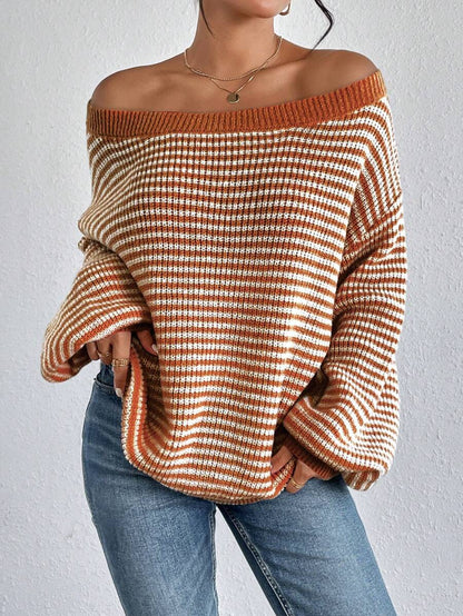 Women's Off Shoulder Striped Balloon Sleeve Sweater