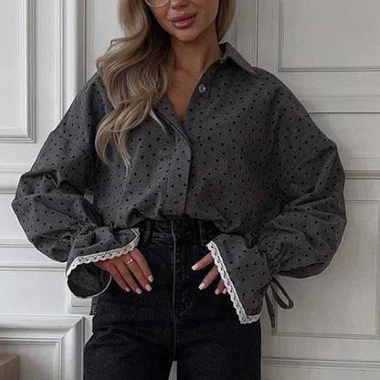 Oversized Polka Dot Lace Cuff Button Up Blouse