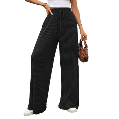 Women Ribbed Wide Leg Pants Drawstring Elastic Waist