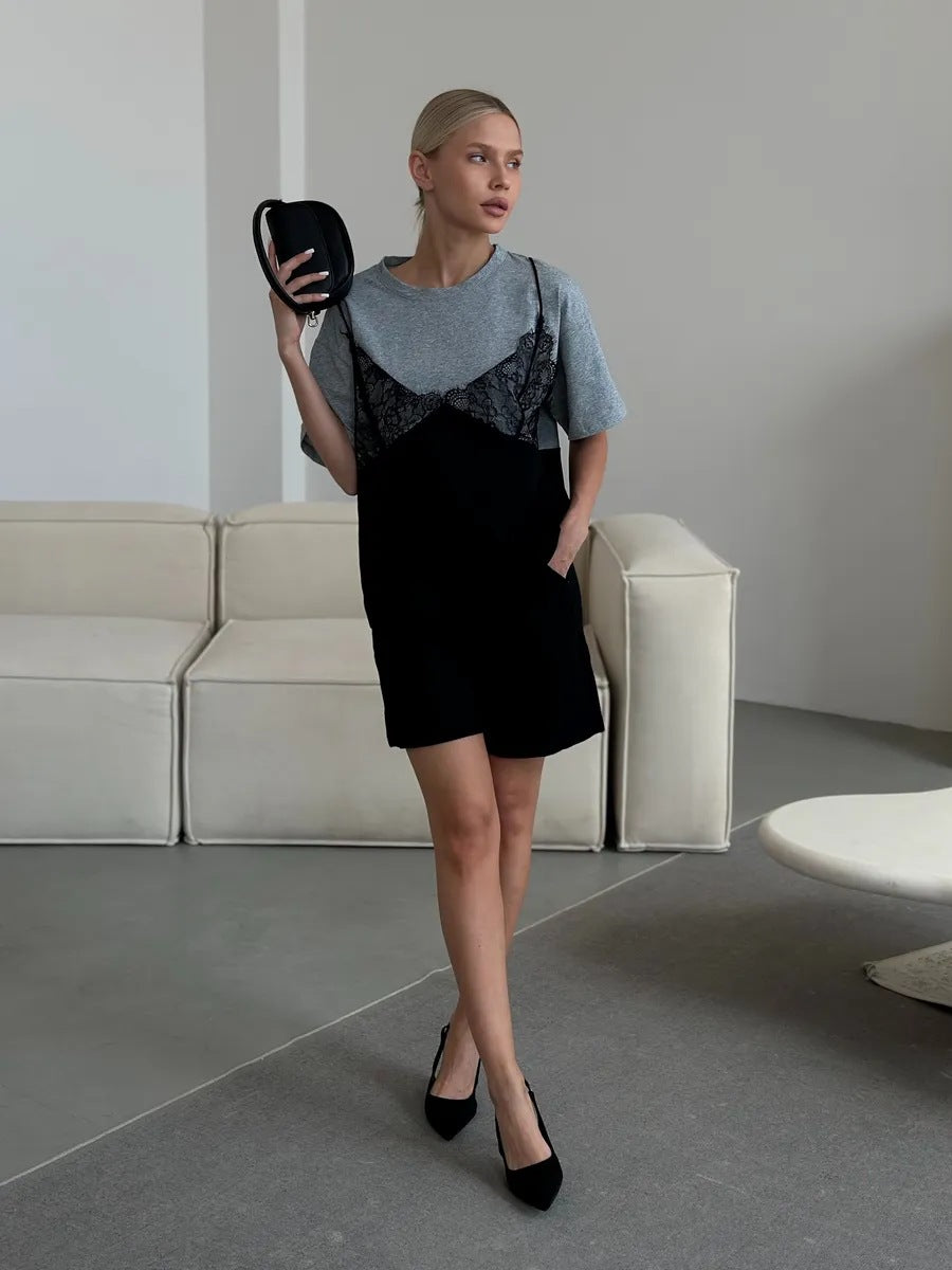 Sexy Lace Splice Loose Tee Top Casual Streetwear Summer Women